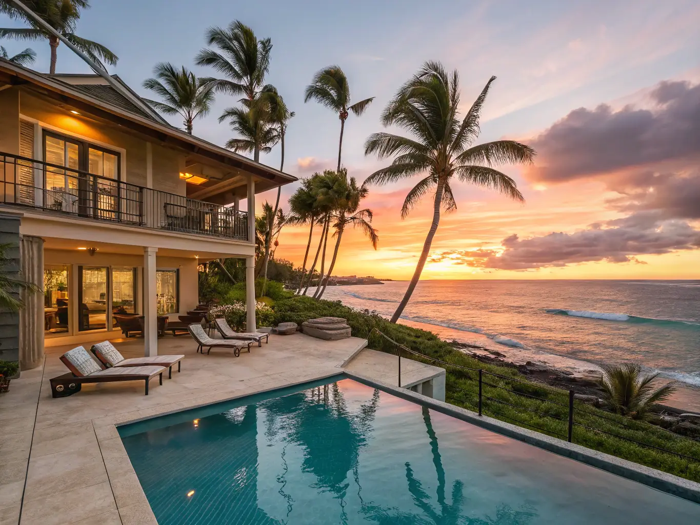 A luxurious waterfront estate in Orange Beach, Alabama, featuring a private infinity pool overlooking the Gulf of Mexico, lush landscaping, and a private dock for boating enthusiasts.